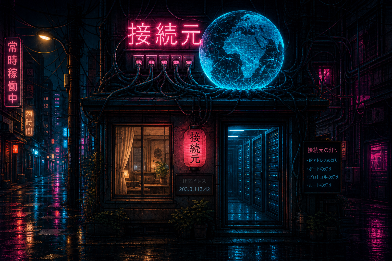 雨の路地の接続元ネオン。住宅の窓とサーバーラックの入口が並ぶ