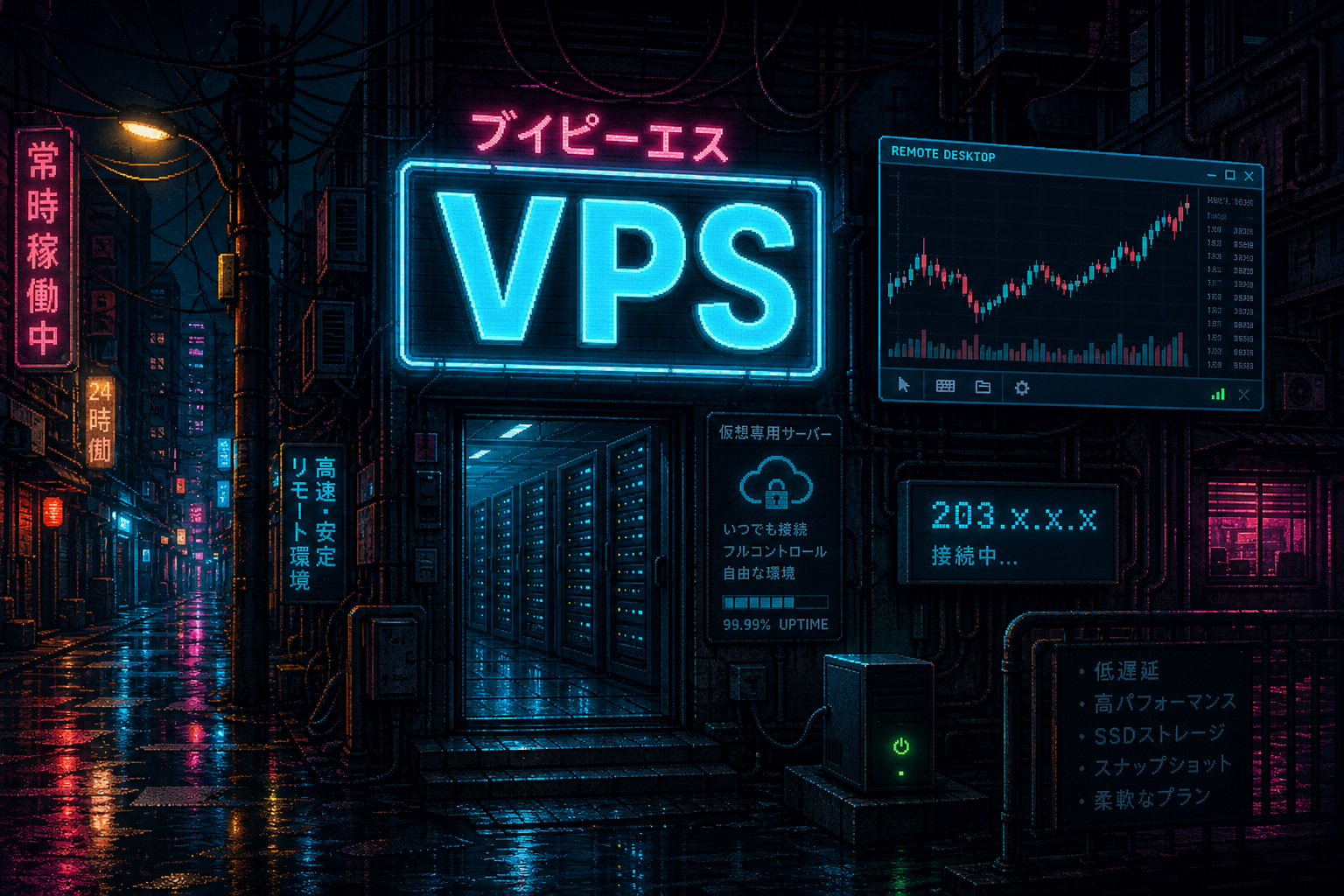 VPS のネオン看板。サーバーラックとチャート画面が並ぶ路地